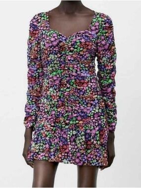 Zara Black Multicolor Floral Ruched Long-Sleeve Mini Dress
